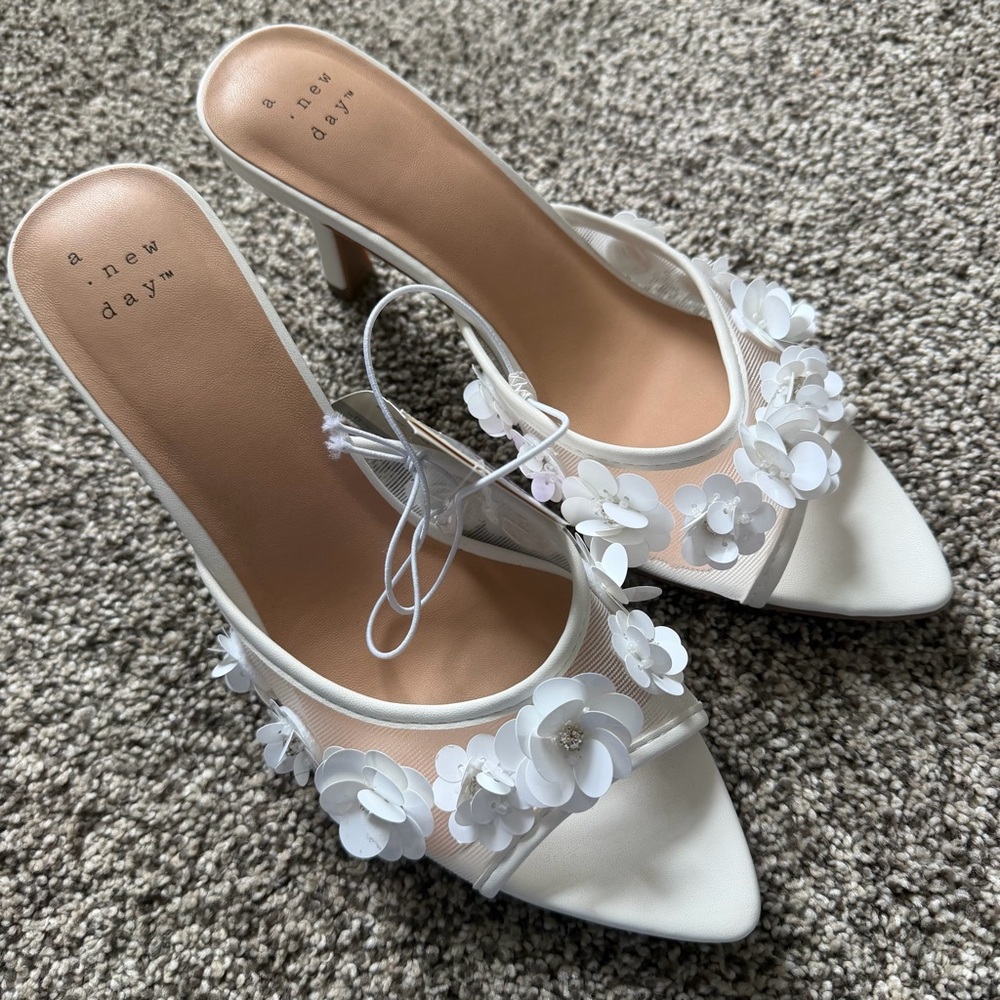 Lupita Mesh Rhinestone Peep Toe Mule Heels Memory Foam Insole - A New Day White - Picture 5 of 11